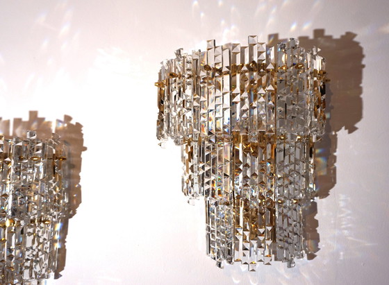 Image 1 of Set Of 2 Kinkeldey Hollywood Regency Waterfall Crystal Glass Wall Lights, 1970
