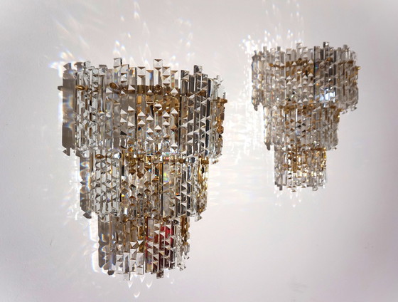 Image 1 of Set Of 2 Kinkeldey Hollywood Regency Waterfall Crystal Glass Wall Lights, 1970