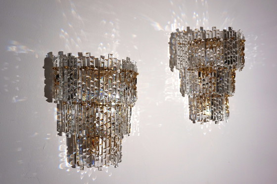 Image 1 of Set Of 2 Kinkeldey Hollywood Regency Waterfall Crystal Glass Wall Lights, 1970