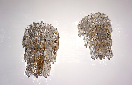 Image 1 of Set Of 2 Kinkeldey Hollywood Regency Waterfall Crystal Glass Wall Lights, 1970