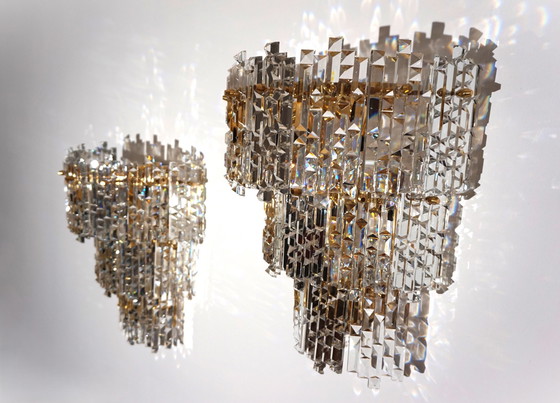 Image 1 of Set Of 2 Kinkeldey Hollywood Regency Waterfall Crystal Glass Wall Lights, 1970