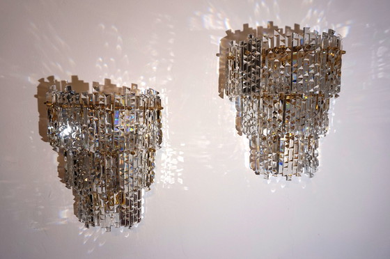 Image 1 of Set Of 2 Kinkeldey Hollywood Regency Waterfall Crystal Glass Wall Lights, 1970