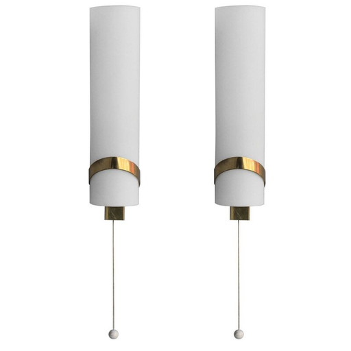 Pair of vintage brass and opaline wall lamps by Max Ingrand, 1940