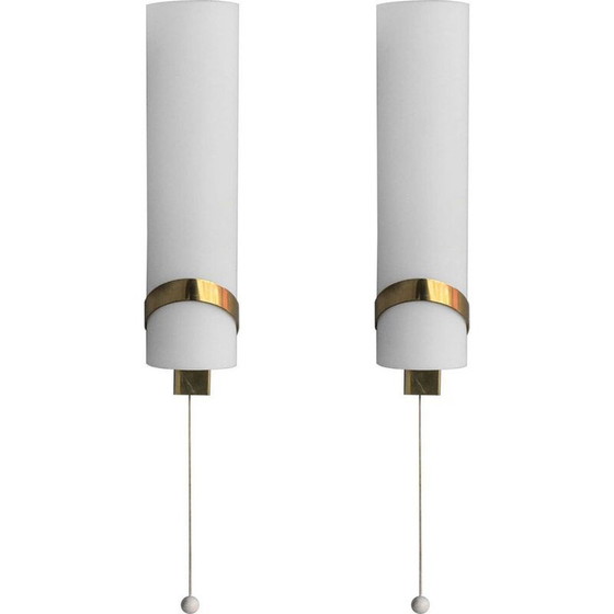 Image 1 of Pair of vintage brass and opaline wall lamps by Max Ingrand, 1940