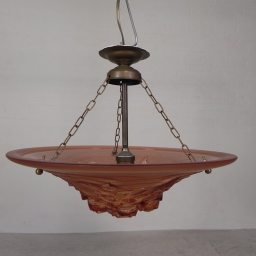 Art Deco Pendant Lamp, Glass Bowl With Rose Relief, 1930s