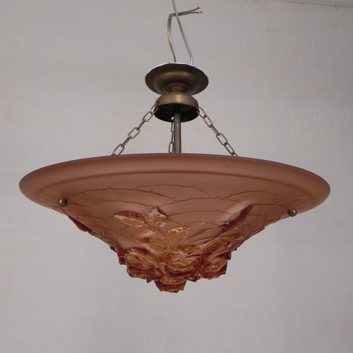 Art Deco Pendant Lamp, Glass Bowl With Rose Relief, 1930s