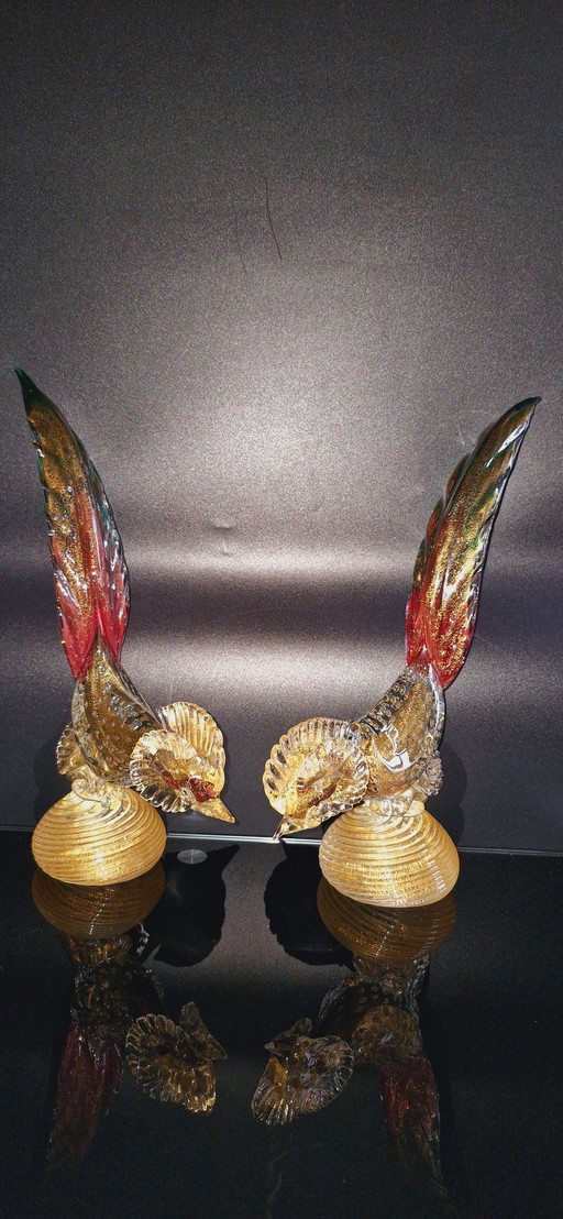 50'S Seguso Murano Glass Birds With Controlled Bubbles And Gold Leaves 