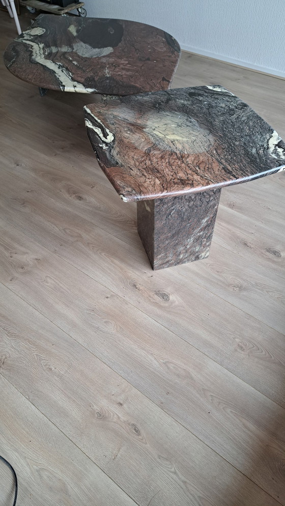 Image 1 of Italian Marble Coffee Table Teardrop Shape + Side Table