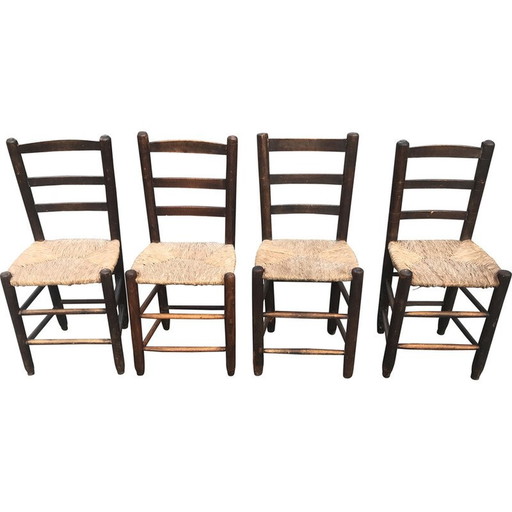 Set of 4 vintage country chairs in wood and straw seats, 1950