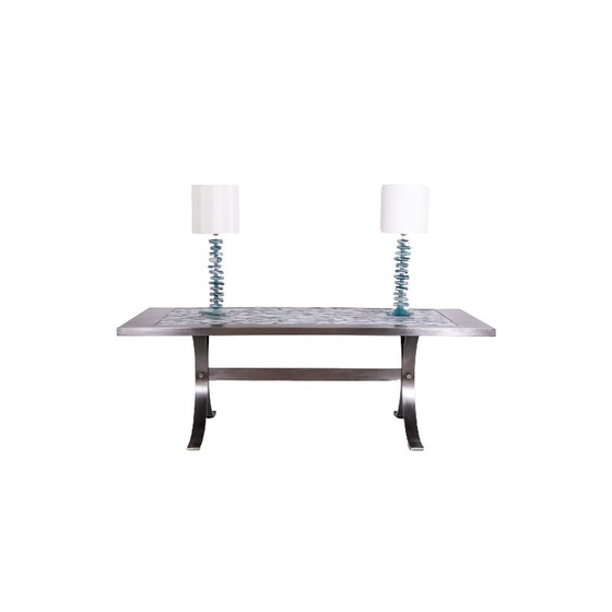 Image 1 of Vintage rectangular dining room table in polished metal and ceramic, 1970