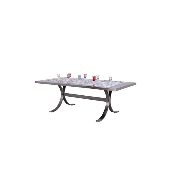 Image 1 of Vintage rectangular dining room table in polished metal and ceramic, 1970