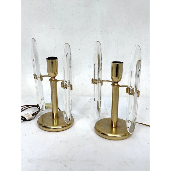Image 1 of Pair of vintage gilded metal and glass table lamps by Stilkronen, Italy 1970s