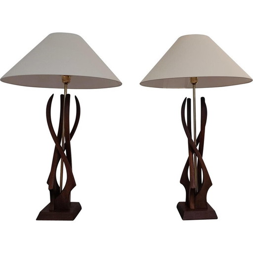 Coppia di lampade vintage in legno di noce e ottone, Stati Uniti 1960