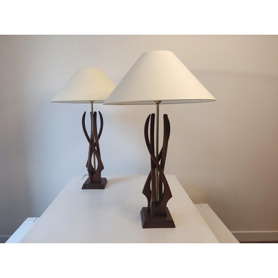 Image 1 of Coppia di lampade vintage in legno di noce e ottone, Stati Uniti 1960