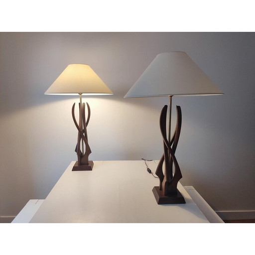 Coppia di lampade vintage in legno di noce e ottone, Stati Uniti 1960