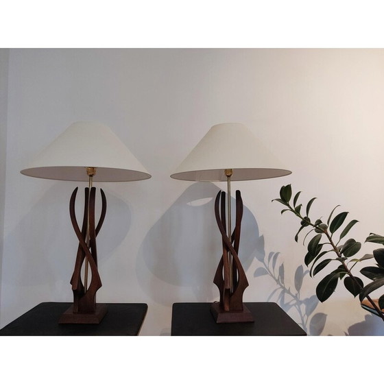 Image 1 of Coppia di lampade vintage in legno di noce e ottone, Stati Uniti 1960