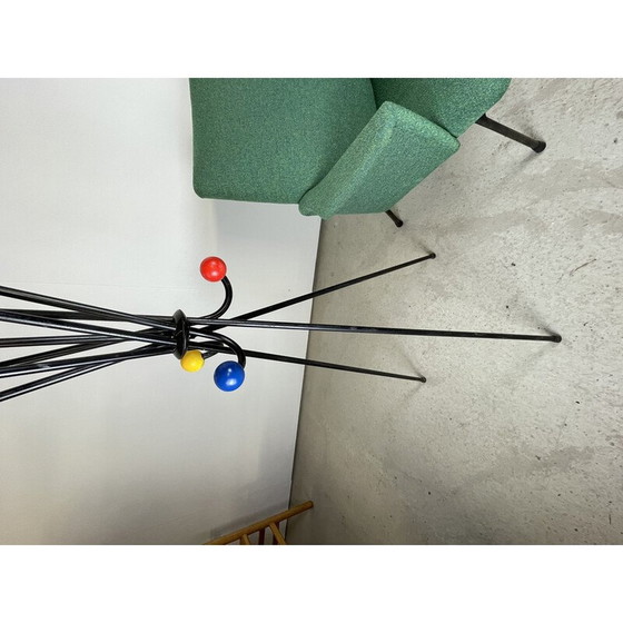 Image 1 of Vintage folding coat rack in steel and lacquered wooden balls, 1950