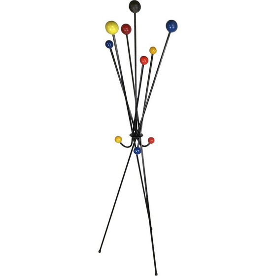 Image 1 of Vintage folding coat rack in steel and lacquered wooden balls, 1950