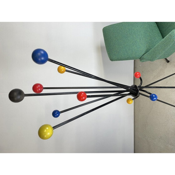 Image 1 of Vintage folding coat rack in steel and lacquered wooden balls, 1950