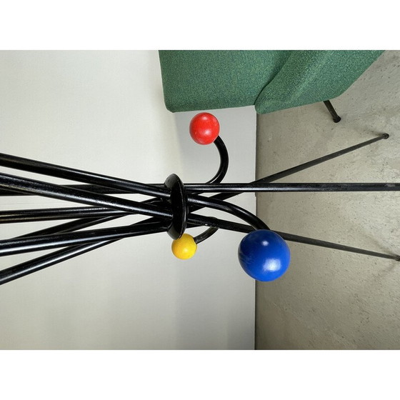 Image 1 of Vintage folding coat rack in steel and lacquered wooden balls, 1950