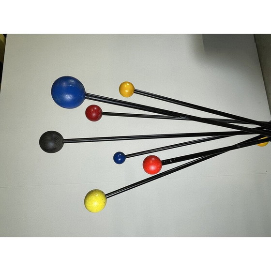 Image 1 of Vintage folding coat rack in steel and lacquered wooden balls, 1950