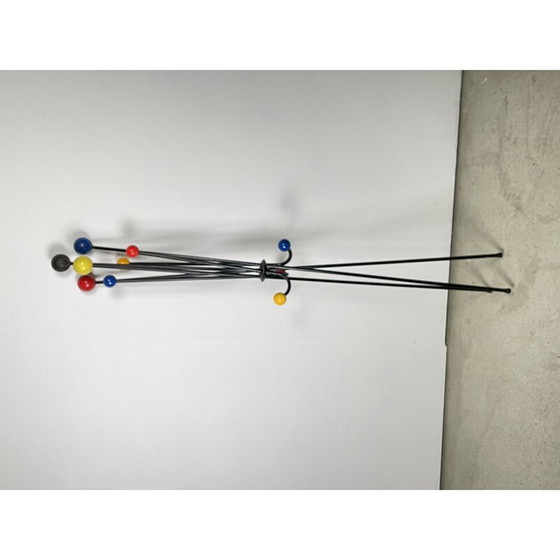Image 1 of Vintage folding coat rack in steel and lacquered wooden balls, 1950