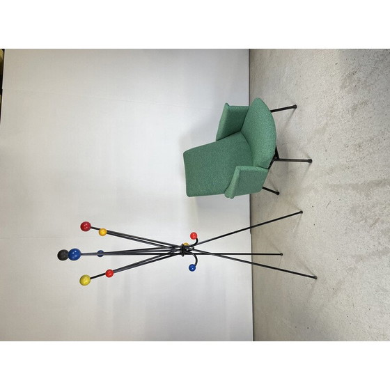 Image 1 of Vintage folding coat rack in steel and lacquered wooden balls, 1950