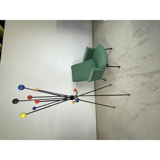 Image 1 of Vintage folding coat rack in steel and lacquered wooden balls, 1950