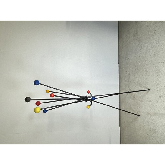 Image 1 of Vintage folding coat rack in steel and lacquered wooden balls, 1950