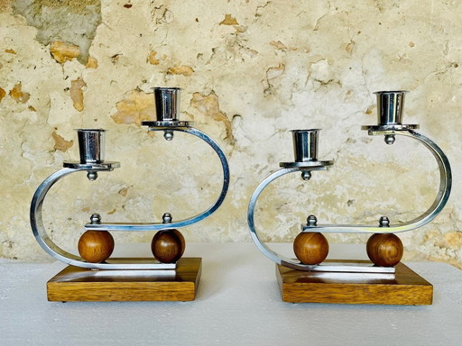 Art Deco, Chrome & Walnut Candleholders, Set of 2, Circa 1930’s