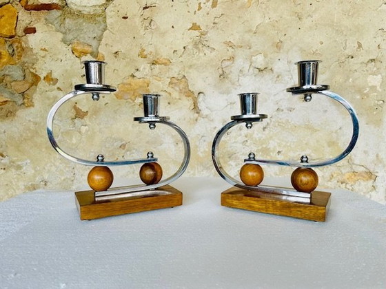 Image 1 of Art Deco, Chrome & Walnut Candleholders, Set of 2, Circa 1930’s