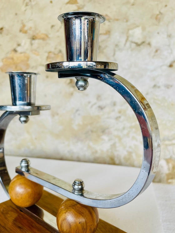 Image 1 of Art Deco, Chrome & Walnut Candleholders, Set of 2, Circa 1930’s