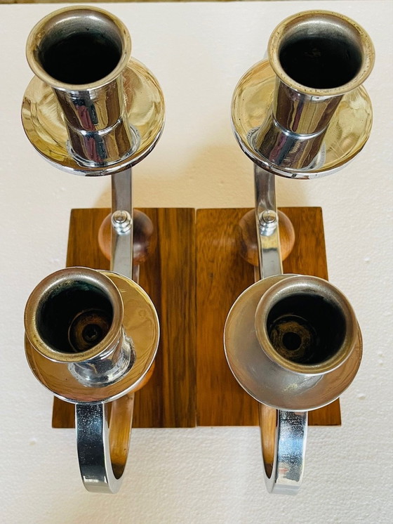Image 1 of Art Deco, Chrome & Walnut Candleholders, Set of 2, Circa 1930’s