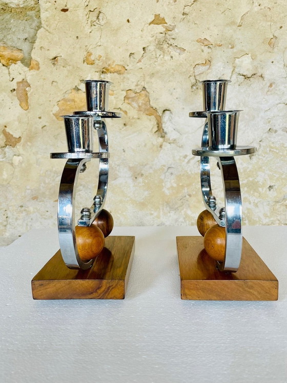 Image 1 of Art Deco, Chrome & Walnut Candleholders, Set of 2, Circa 1930’s