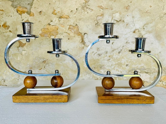Image 1 of Art Deco, Chrome & Walnut Candleholders, Set of 2, Circa 1930’s