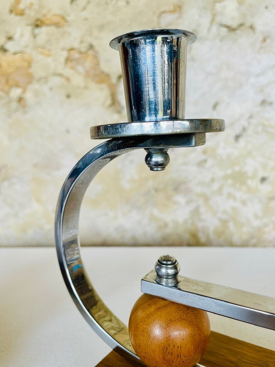 Image 1 of Art Deco, Chrome & Walnut Candleholders, Set of 2, Circa 1930’s
