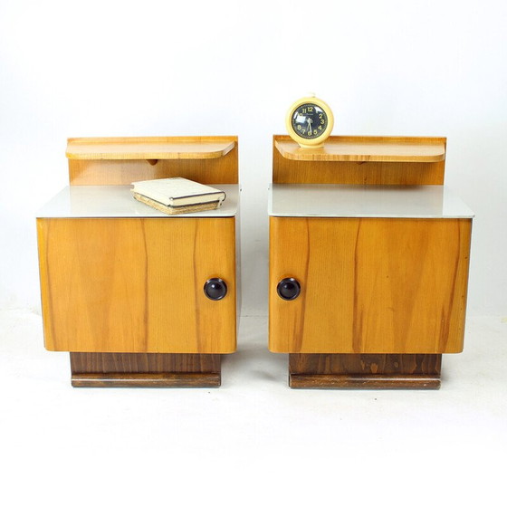 Image 1 of Pair of vintage bedside tables in wood and glass, Czechoslovakia 1950