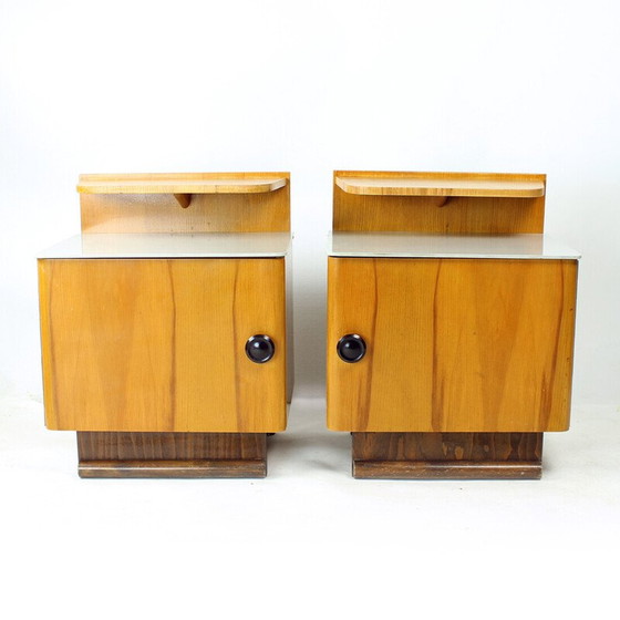 Image 1 of Pair of vintage bedside tables in wood and glass, Czechoslovakia 1950