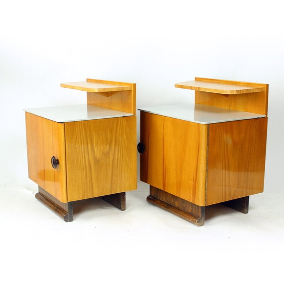 Image 1 of Pair of vintage bedside tables in wood and glass, Czechoslovakia 1950