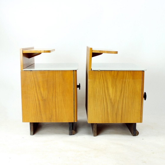 Image 1 of Pair of vintage bedside tables in wood and glass, Czechoslovakia 1950