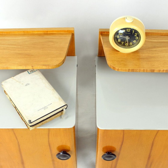 Image 1 of Pair of vintage bedside tables in wood and glass, Czechoslovakia 1950