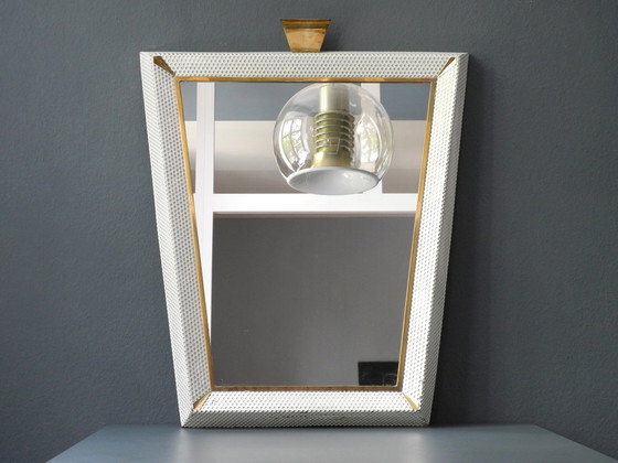 Image 1 of Original Mid Century Modern XXL illuminated mirror with perforated metal frame and brass details | Made in France