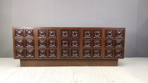 Graphical Wengé Brutalist Credenza, 1970S