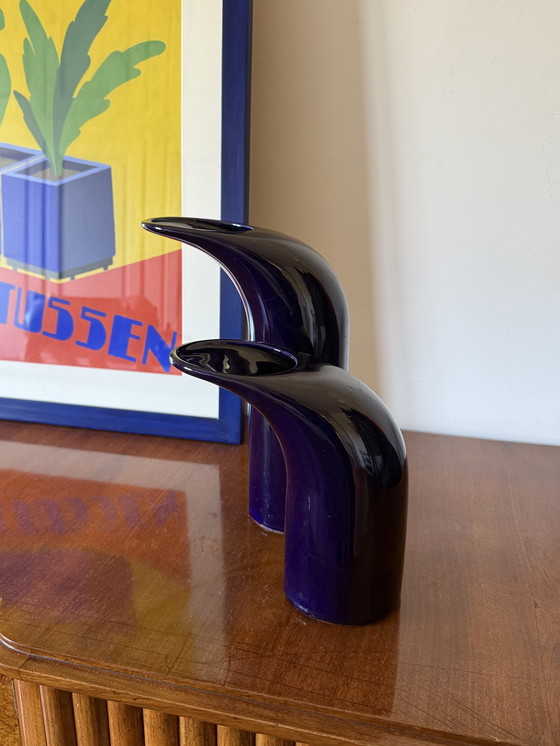 Image 1 of Space Age Set Of 2 Blue Ceramic Vase, Italy Ca. 1970