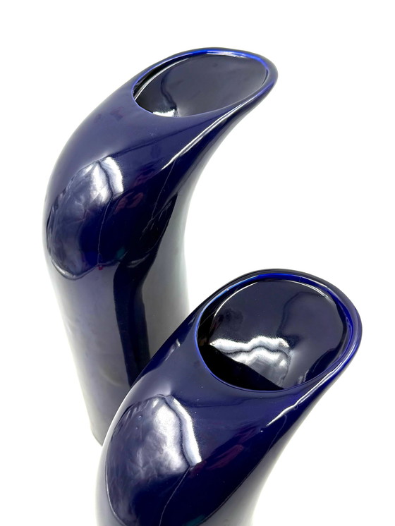 Image 1 of Space Age Set Of 2 Blue Ceramic Vase, Italy Ca. 1970
