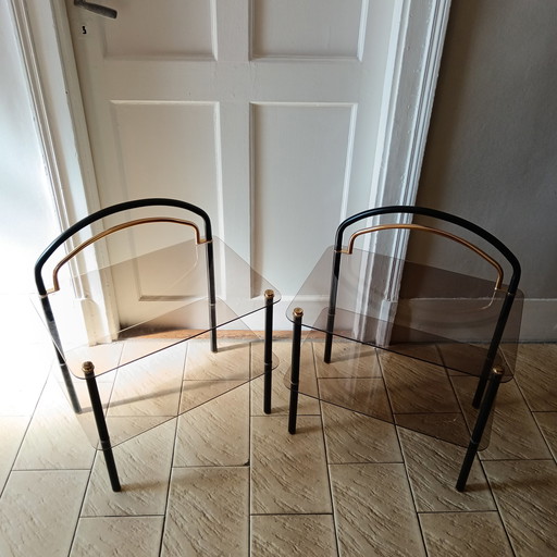 2x Tinted Glass Bedside Tables 1970