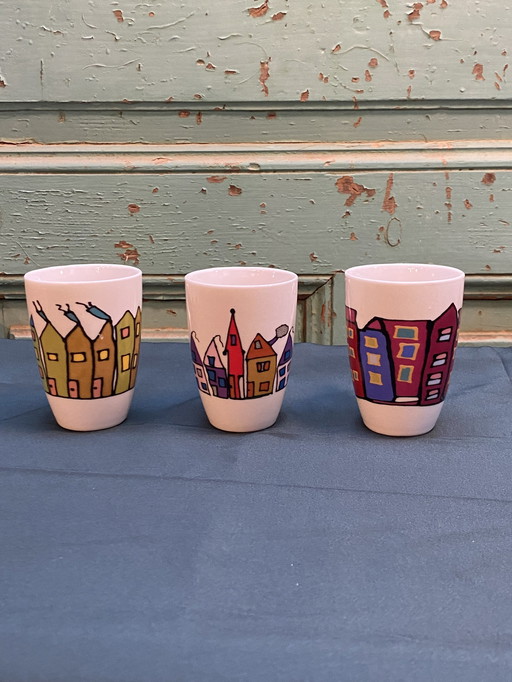 Set Of 6X Yong Colored Coffee Mugs With House Print