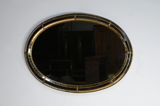 Oval Glazed Brass Mirror, Hollywood Regency Style - 1970