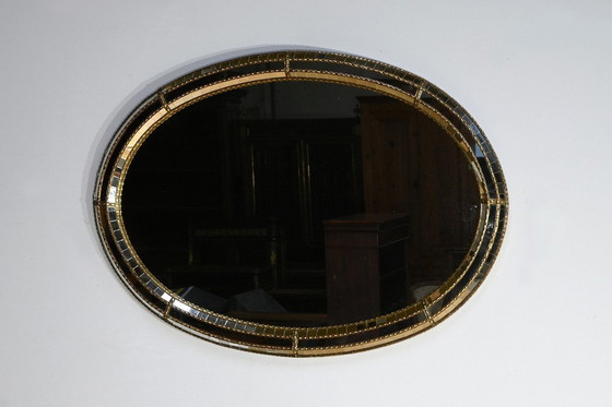 Image 1 of Oval Glazed Brass Mirror, Hollywood Regency Style - 1970