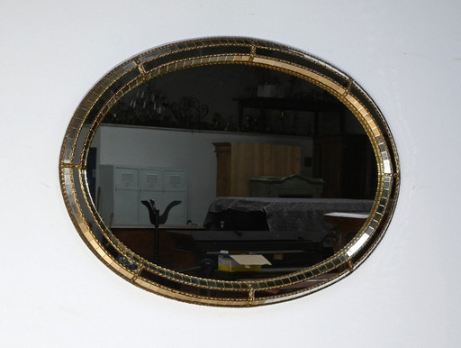 Oval Glazed Brass Mirror, Hollywood Regency Style - 1970